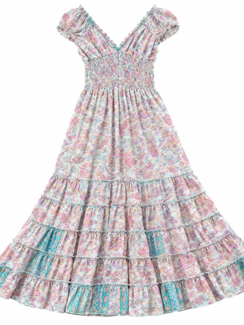Floral Tiered Maxi Dress - Pastel Pink & Aqua